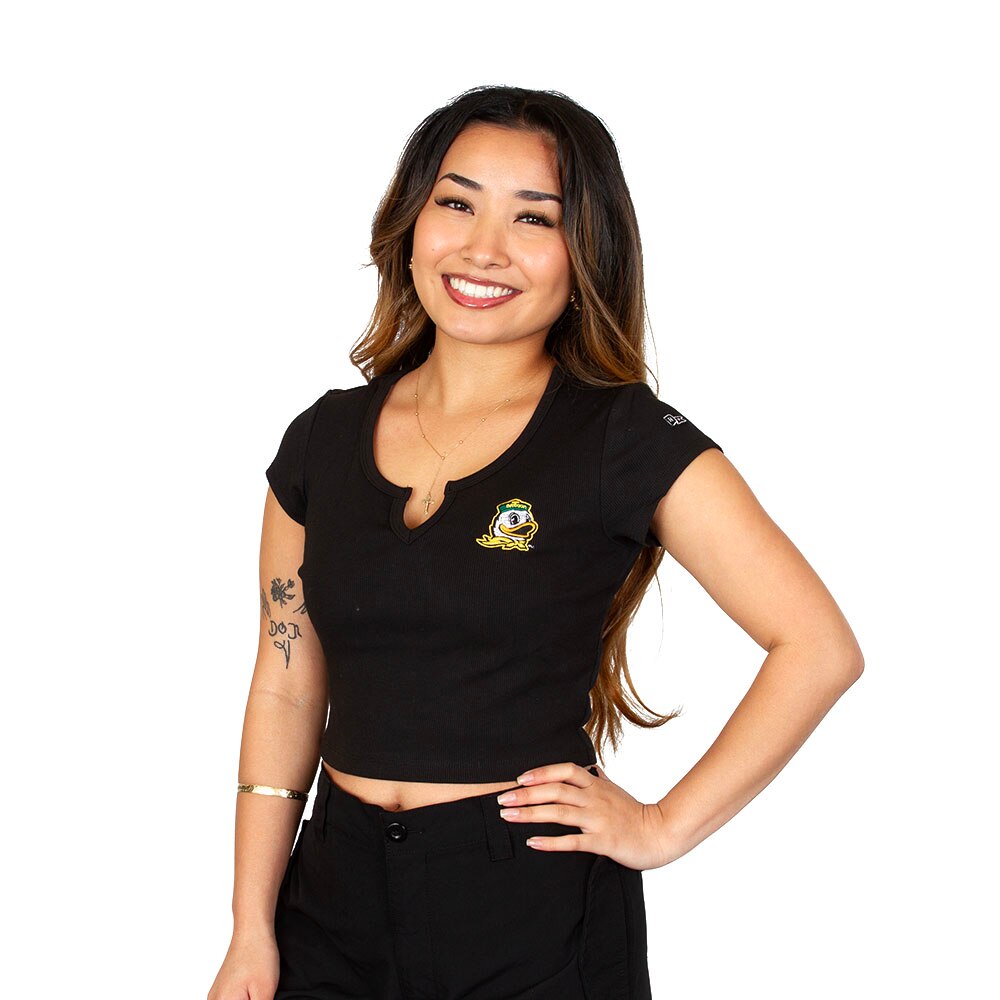Ducks Spirit, Black, Crew Neck, Cotton Blend, Women, Hype and Vice, Embroidered, Oregon Mascot, Cali, T-Shirt, 1016686